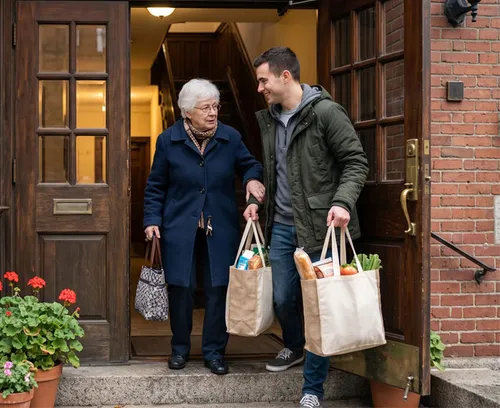 Caring carrying items for an elderly lady