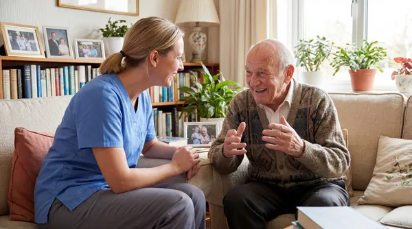 Caregiver providing home care, talking with a happy senior man enjoying conversation
