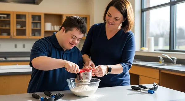 A young man with Down syndrome and a woman happily baking together in a bright kitchen.